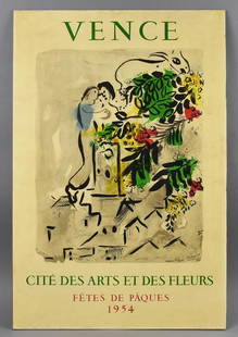 After Marc Chagall (1887-1985) Fetes De Paques Litho: Great litho is an after Marc Chagall (1887-1985). It is from the original in 1959. Unframed, appears attached to heavier card stock. Measures approx. 20" x 30".