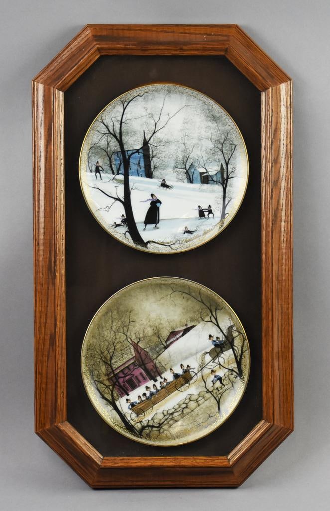 Patricia Buckley Moss (1933) Collector Plates, Signed: These plates were created as part of a 12 plate series, In Valley Life, featuring the artwork of Patricia Buckley Moss (b1933). Plate one is called Frosty Frolic and is 1054/5000. Plate two is called