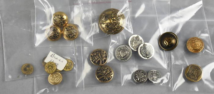 Vintage Military and Faux Military Buttons: Nice button lot that includes military and military style buttons in both gold and silver tone.