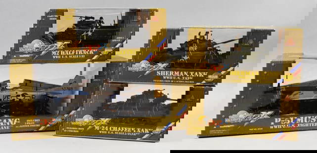 (4) Ultimate Soldier Military Vehicles - Mint, NOS: Lot is four Ultimate Soldier Military Vehicles - Mint, NOS. Sherman Tank, Chaffee Tank, P-51 Mustang and M2 Halftrack.
