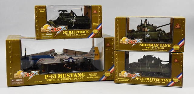 (4) Ultimate Soldier Military Vehicles - Mint, NOS: Lot is four Ultimate Soldier Military Vehicles - Mint, NOS. Sherman Tank, Chaffee Tank, P-51 Mustang and M2 Halftrack.