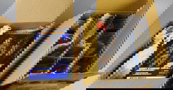 (15) Hot Wheels Die Cast, Action Figures, Orig. Ship Box-NOS: Lot is for 12 Hot Wheels Die Cast and three Action Figures, Original Shipping Box for the die cast cars-NOS. Consists of 12 assorted action packs and Harry Stamper, AJ Frost and Planet Micro.