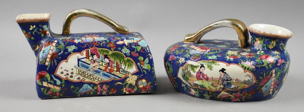 Antique Chinese Hand Painted Porcelain Urinals: These beautiful pieces are of Chinese origin. Each is porcelain and appear hand painted with women, one fishing and another appearing to play musical instruments. Both with gold gilt handles and no vi