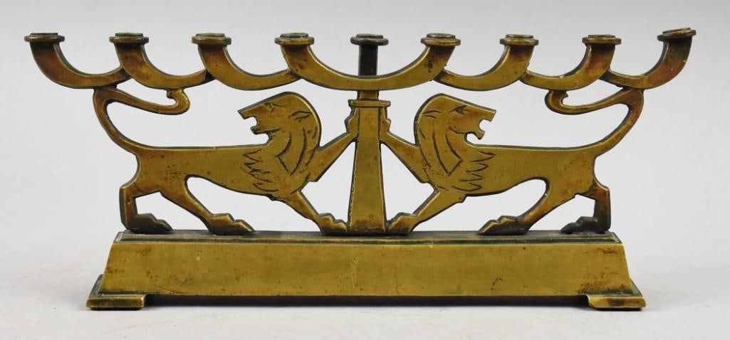 c1950 Mid Century Brass Stylized Lion Menorah, Israel (1 of 5)