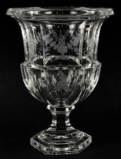 Tiffany & Co. Biedermeier Etched Crystal Urn Vase: Very pretty Tiffany & Co. "Beidermeier" urn vase. Has been etched with flowers and vines. Acid etched signature on foot of the base. Stands approx. 10" tall.