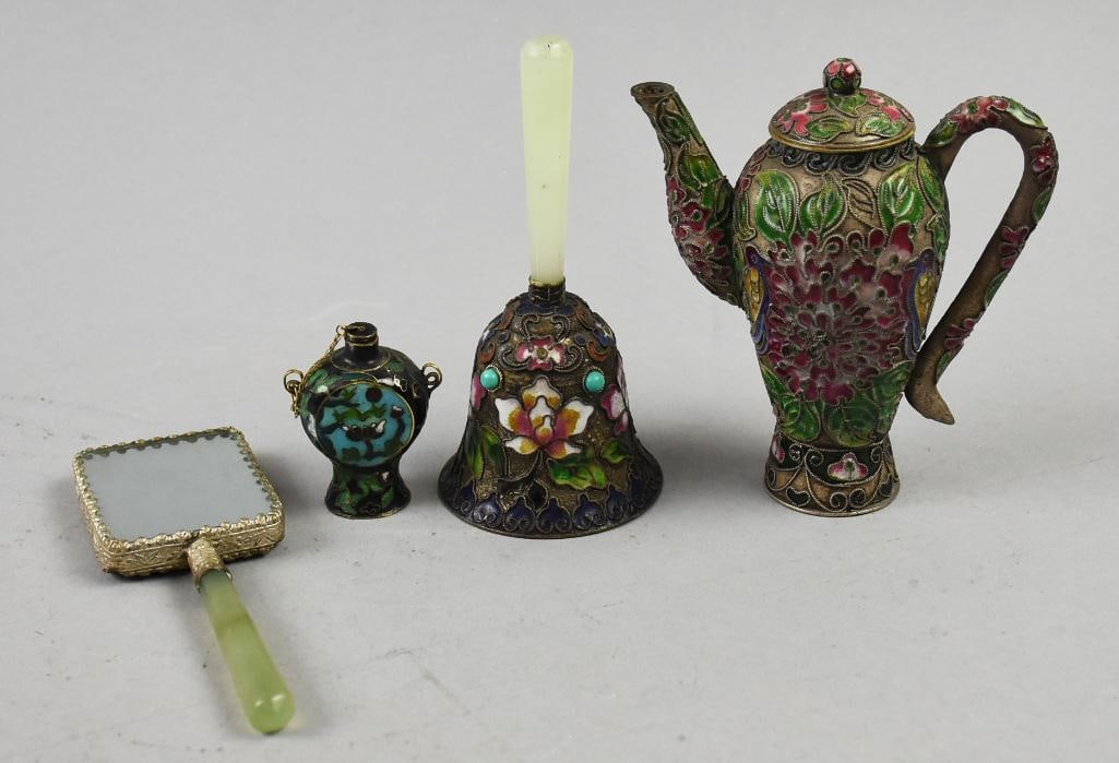 Vintage/Antique Assortment Chinese Cloisonne w/ Jade: Great selection of vintage and antique cloisonne pieces, all of Chinese origin. Lot is a handheld mirror with hand painted ladies on back and jade handle. Bell with enamel flowers and jade handle, tea