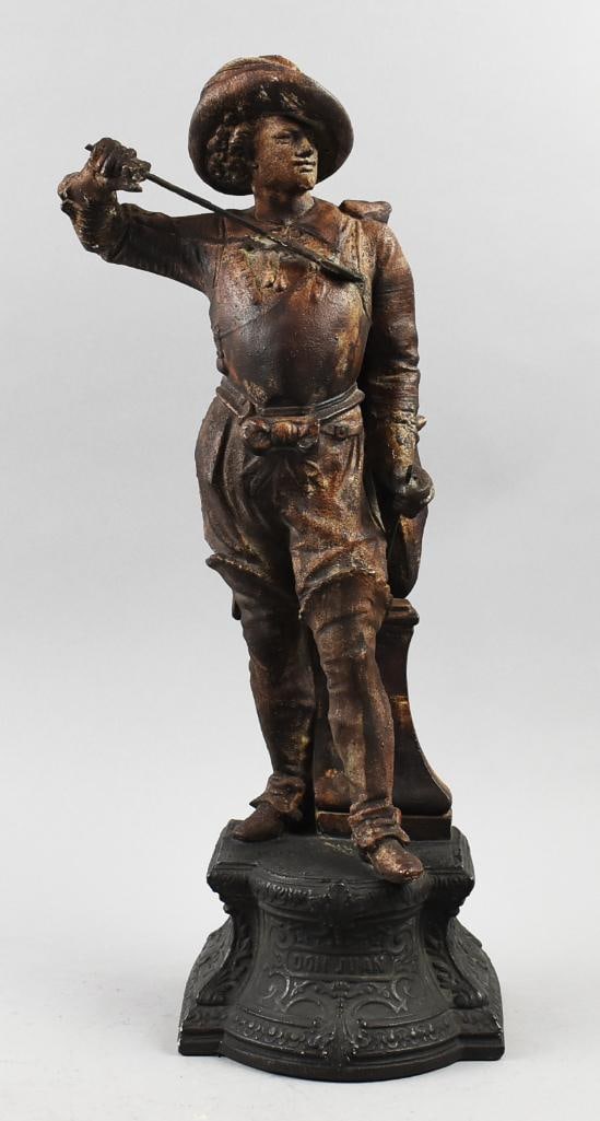 Victorian Don Juan Bronzed Cast Iron Sculpture: Nice cast iron sculpture of Don Juan. Figure with an weathered bronze finish. No visible marks and stands approx. 20" tall.