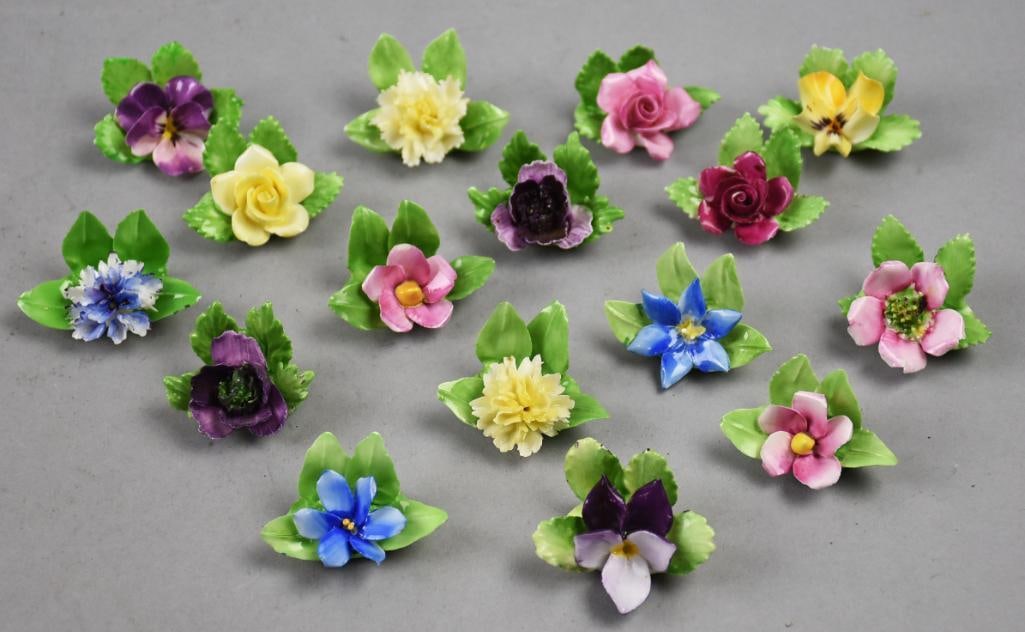 (16) Adderlay Porcelain Flora Place Card Holders: Pretty assortment of Adderlay porcelain flower place card holders. Nice variety of flowers, two of each flower, all well marked and are approx. 1.5" x 1.5". PErfect for spring.