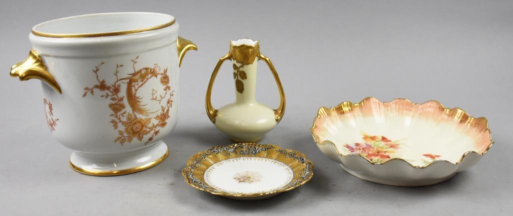 Antique & Vintage Limoges France Hand Painted Porcelain: These beautiful pieces are all Limoges, France. First is a small plates approx 6" across with heavy gold gilt around rim and ornate scrolls with the Coiffe mark used from 1891-1914. Low bowl measuring