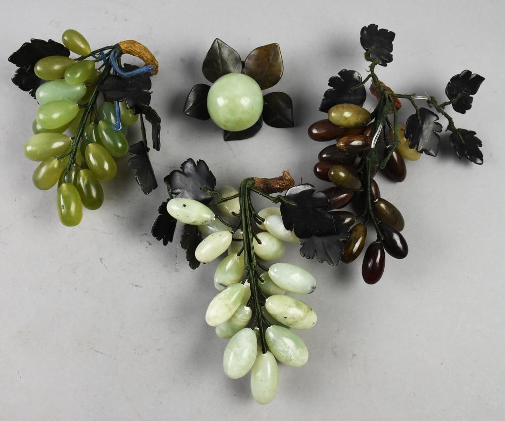 Vintage Chinese Carved & Polished Jade Grape & Peach: Fun assortment of vintage Chinese jade in the form of grape clusters. Each grape is nicely polished and have carved leaves. One piece appears to be a peach. Measure from 3" to 9" long.