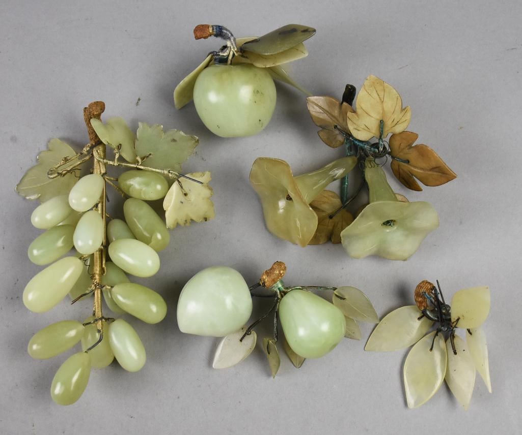 Vintage Chinese Carved & Polished Jade Fruits & Flowers: Nice selection of vintage Chinese jade. Lot is a grape cluster, peaches, apple, flowers and some leaves. Measure from 3" to 8" long.