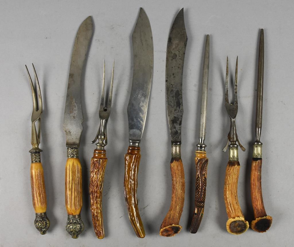 (3) Antique Victorian Carving Sets Horn: Three very cool antique carving sets. One set is from George Wostenholm & Sons; each handle appears to be antler and is carved into what appear to be alligators with inset eyes. Another set is from Jo