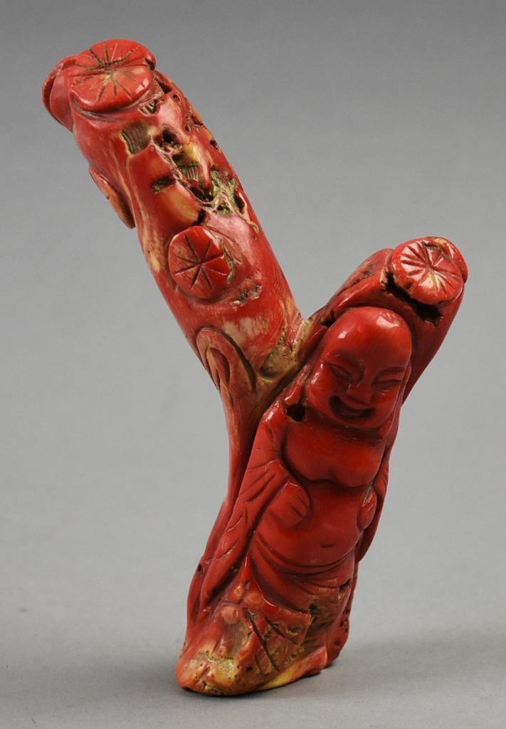 Vintage Carved Natural Red Coral Hotei Figurine: This fun piece appears to be natural red coral. This Laughing Buddha is hand carved and stands approx. 6" tall with no visible marks.