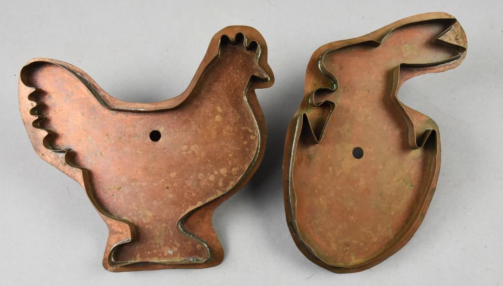 Martha Stewart Copper Cookie Cutters-Hen & Bunny: Cute pair of cookie cutters from Martha Stewart. Each is identified on the handles as Hatching Bunny and Barnyard Hen. Both approx. 9" x 9".