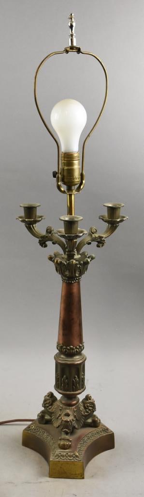 Vintage Bronze Candelabra Electrified Lamp: Just add a shade! Lamp is a beautiful piece that appears to be bronze or brass with bronze finish and copper finish. Center bulb with three arms adorned with acanthus leaves. Smooth center and triple 