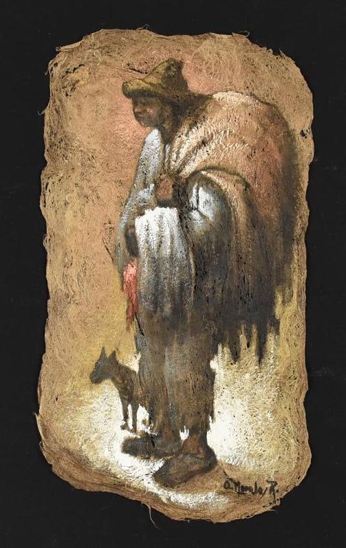 Armando Morales (1927-2011) A Man & His Dog Painting: This very cool piece is from Nicaraguan artist Armadno Morales (1927-2011). We are calling it A Man and His Dog with a male figure standing next to a dog. It is signed lower right A. Morales R and app