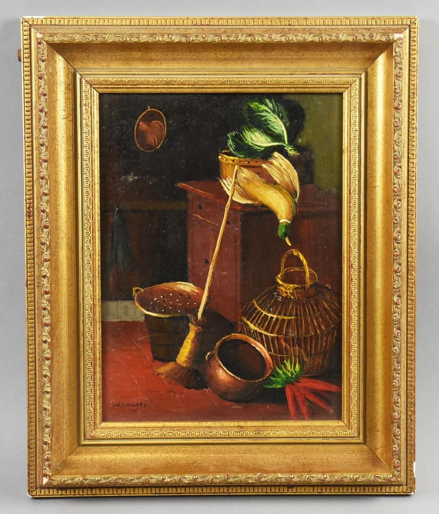 J. Richword Still Life: Interesting still-life art from what appears to be Richword or Rickword, first initial J. Bird is looking into a cage, straw broom and others in image. Nicely framed and measures 13.5" x 16.5".