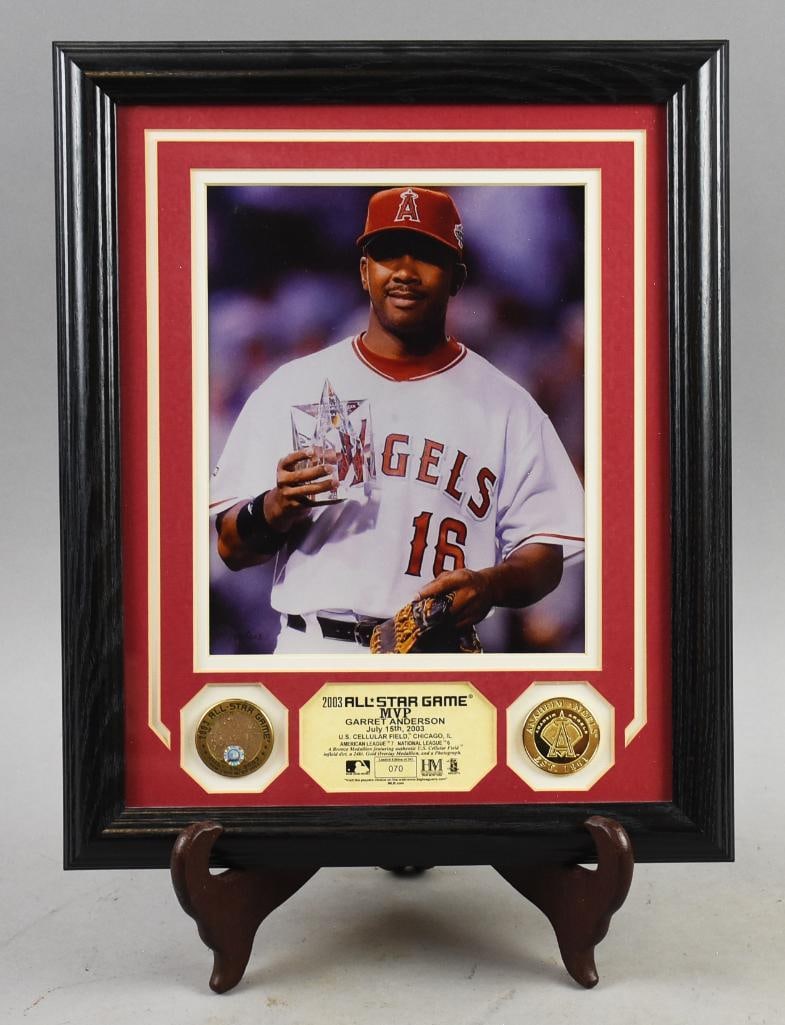2003 Garrett Anderson All-Star Game MVP Ltd Ed Display: This wall art is a dedication to Garrett Anderson from 2003. Anderson was the MVP for the All-Star Game that took place on July 15th at Cellular Field in Chicago. Collection is a color photo of Garret