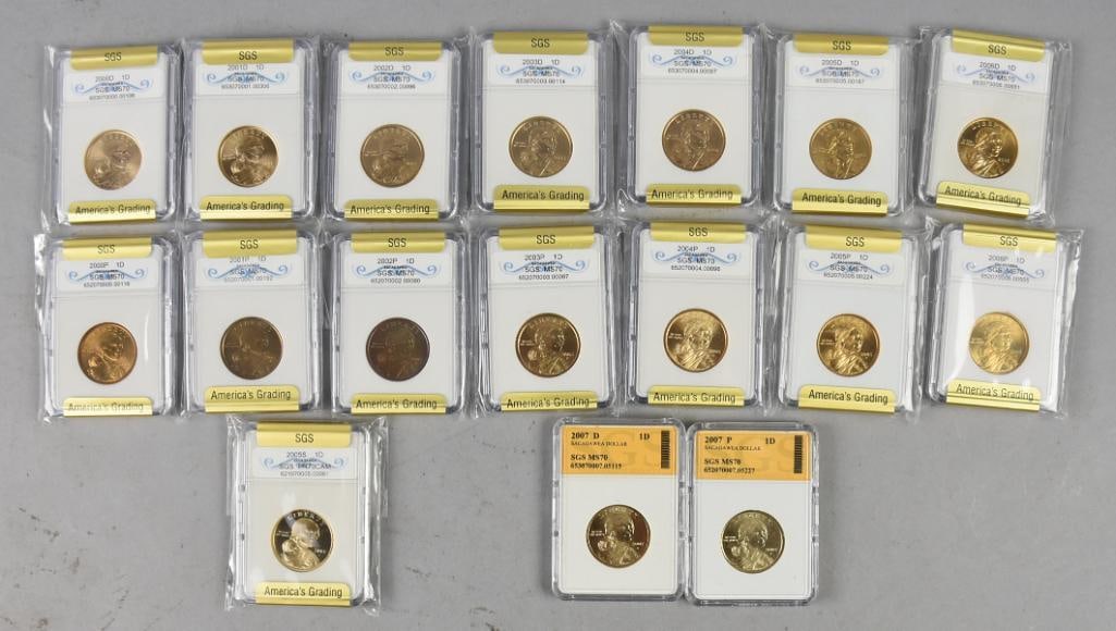 (17) 2001-07 Graded Sacagawea Dollar SGS Graded: Lot is 17 2001-07 Graded Sacagawea Dollar SGS Graded.