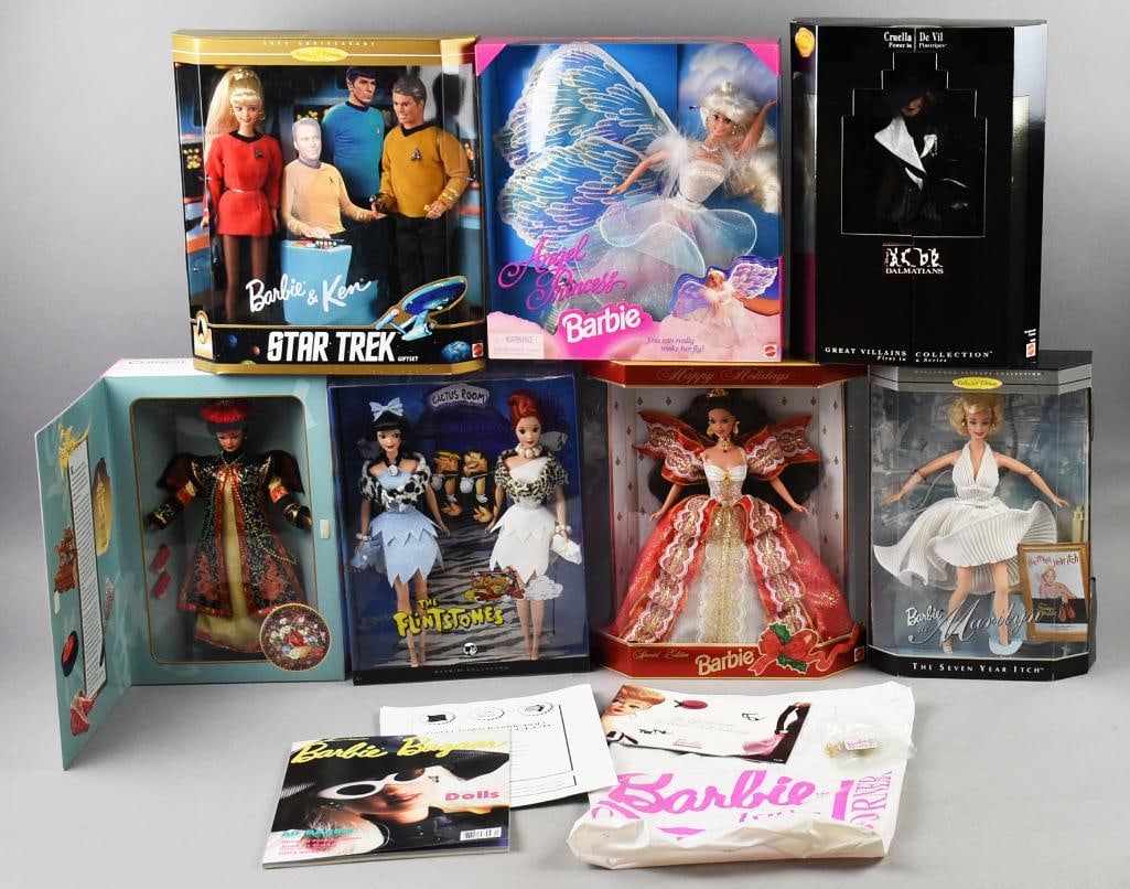 (7) Mattel Barbie Assortment, Star Trek, Marilyn PLUS, NRFB: Lot is seven Mattel Barbie Assortment, Star Trek, Marilyn PLUS, NRFB. Also included are Angel Princess, Happy Holidays, Flintstones, Cruella De Vil and Chinese Empress. Lot comes with all you see in t