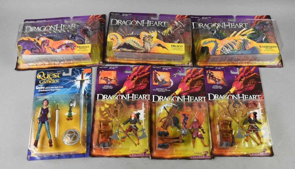 (7) 1995, 1997 Kenner/Hasbro Dragonheart PLUS-MOC-NOS: Lot is seven 1995, 1997 Kenner/Hasbro Dragonheart PLUS-MOC-NOS. Consists of one each Razorthorn, Draco, Medusa and Felton, two Kara and one Quest for Camelot Kaley. Single owner collection from the la