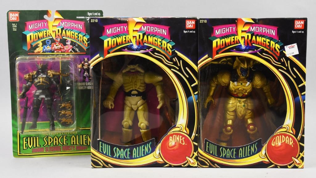 (3) 1994 Ban Dai Mighty Morphin Power Rangers-Evil-MIP-NOS: Lot is three 1994 Ban Dai Mighty Morphin Power Rangers-Evil Space Alien-MIP-NOS. Consists of Bones, Goldar and Knasty Knight. Single owner collection from the largest toy collector on the West Coast.