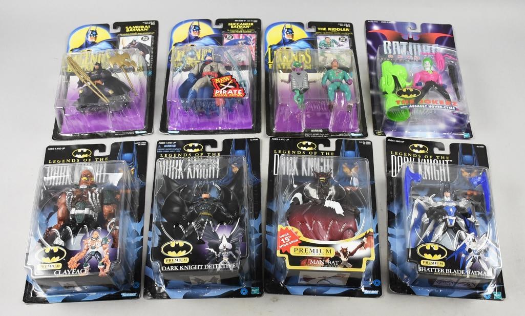 (8) 1998-99 Hasbro Batman Action Figures-MOC-NOS: Lot is eight 1998-99 Hasbro Batman Action Figures-MOC-NOS. Consists of 1998 Dark Knight, Shatter Blade Batman, Manbat, Clayface. 1999 Samurai Batman, Buccaneer Batman, Riddler and Joker (Batman Beyond