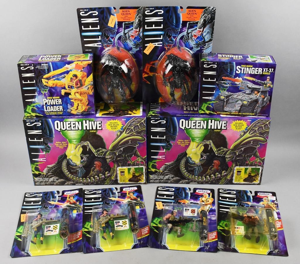(10) 1992 Kenner Aliens Action Figures PLUS-MOC-NOS: Lot is 10 1992 Kenner Aliens Action Figures PLUS-MOC-NOS. Consists of four Ripley, two Queen Hive, Power Loader, Stinger XT-37, and two Alien Queen. Single owner collection from the largest toy collec