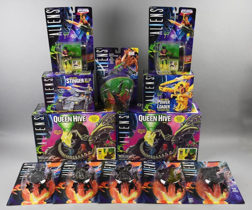 (12) 1992 Kenner Aliens Action Figures PLUS-MOC-NOS: Lot is 12 1992 Kenner Aliens Action Figures PLUS-MOC-NOS. Consists of five Alien Queens, two Queen Hives, two Ripley, a Power Loader, Stinger XT-37, Alien Arachnid. Single owner collection from the la