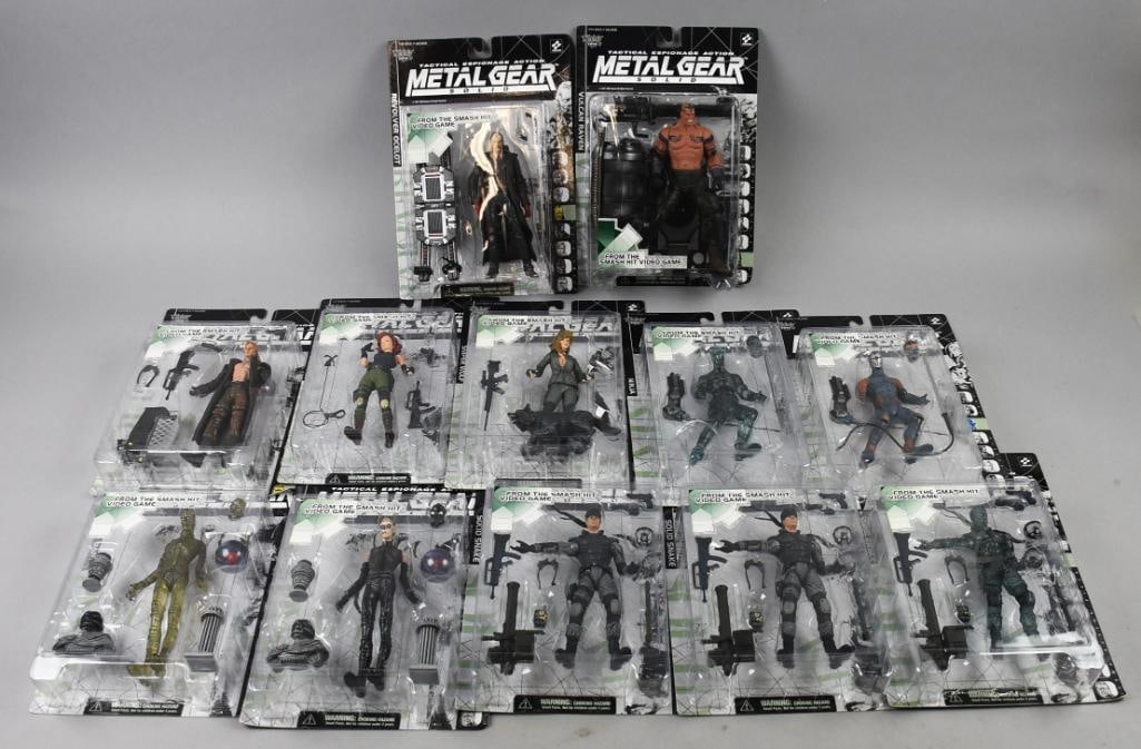 (12) McFarlane Metal Gear, Solid Repaint-MOC-NOS: Lot is 12 McFarlane Metal Gear, Solid Repaint-MOC-NOS. Consists of Liquid Snake, Vulcan Raven, Revolver Ocelot, Meryl Silverburgh, Sniper Wolf, two of each Psycho Mantis and Ninja and three Solid Snak