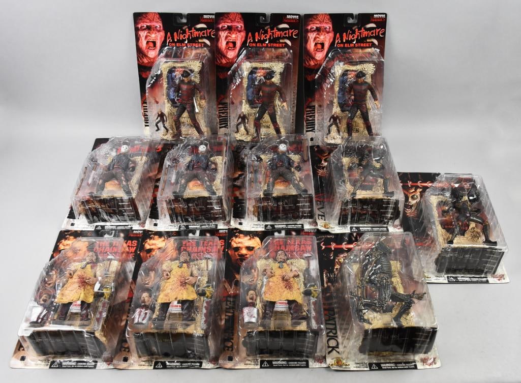 (12) 1998 McFarlane Movie Maniacs Action Figures-MOC, NOS: Lot is 1998 McFarlane Movie Maniacs Action Figures-MOC, NOS. Consists of 3 Freddy, 3 Jason, 3 Leatherface, 2 Eve (species II) and 1 Patrick (species II). Single owner collection from the largest toy c