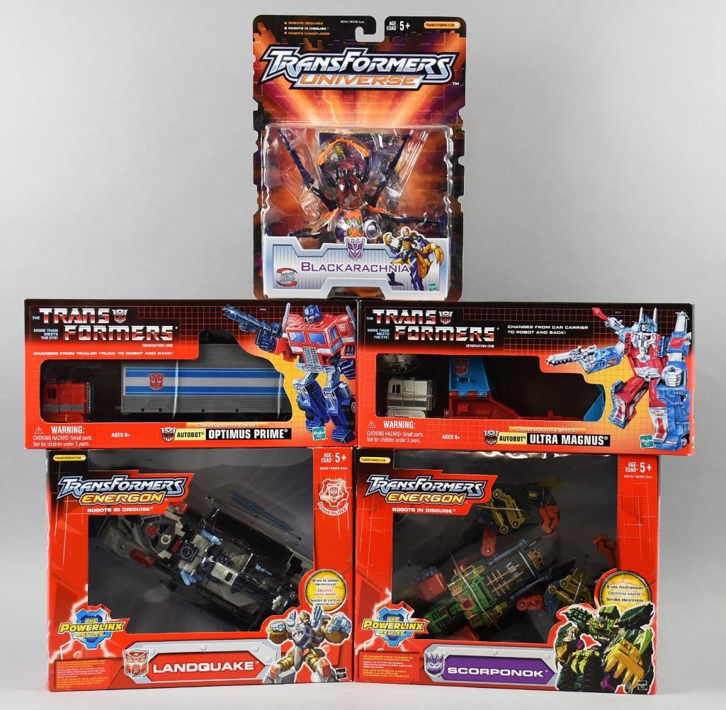 (5) Hasbro 2002-04 Transformers Assortment-MIP-NOS: Lot is five Hasbro 2002-04 Transformers Assortment-MIP-NOS. Lot is Transformers Universe Black Arachnia. Energon Scorponok and Landquake. Generation One Ultra Magnus and Optimus Prime. Single owner co