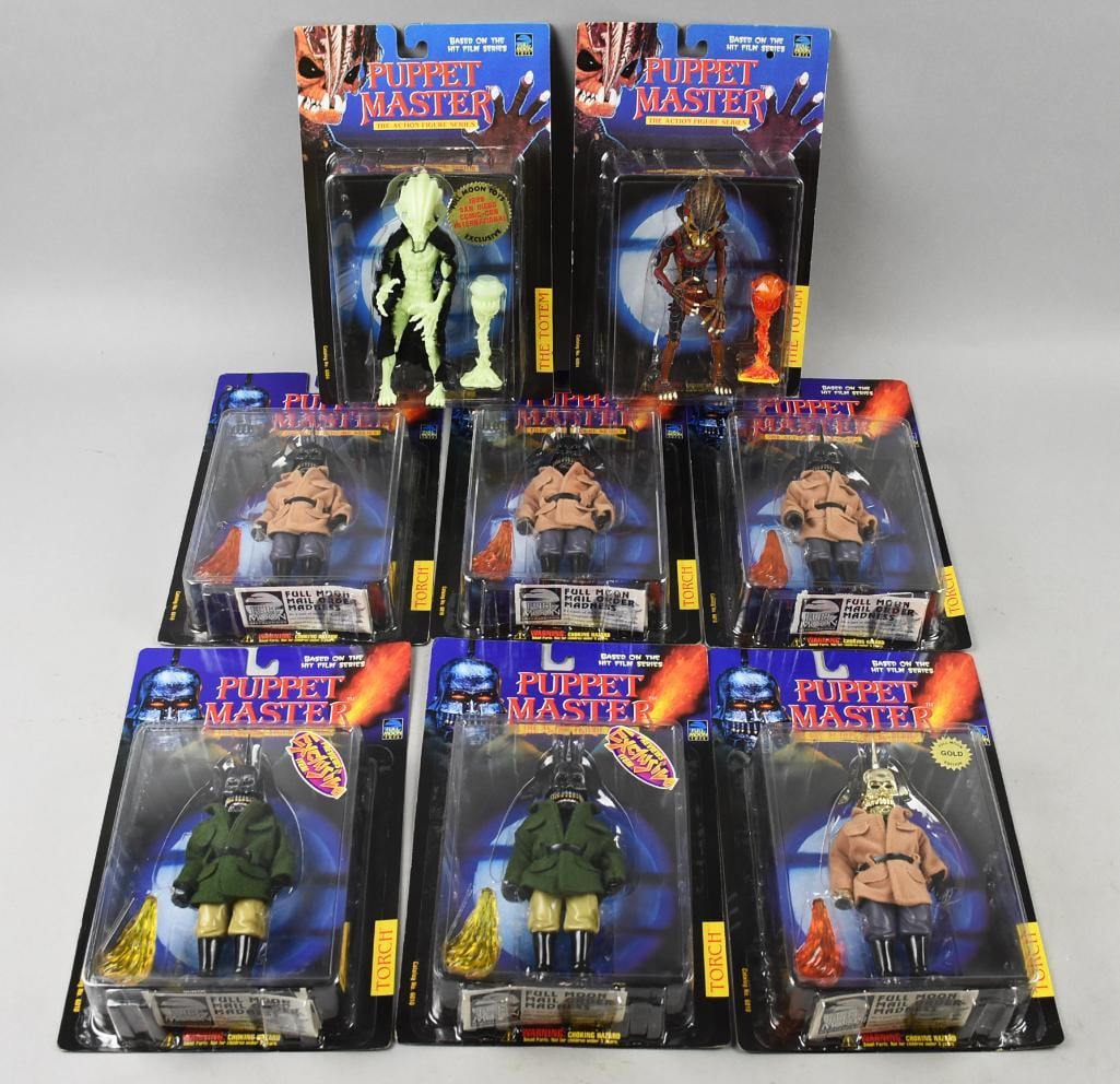 (8) 1997-98 Full Moon Toys Puppet Master Action Figs-NOS: Lot is eight 1997-98 Full Moon Toys Puppet Master Action Figs-NOS. Included are one of each The Torch, two Totem, one Gold Edition and one from 1998 San Diego Comic Con, Torch Preview Edition and thre