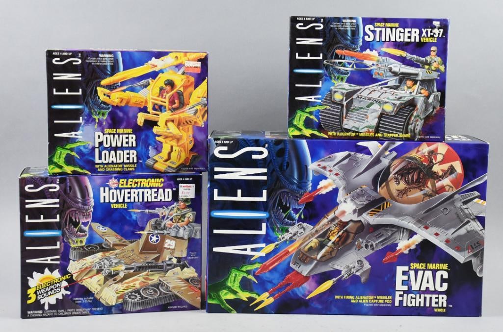 (4) 1992 Kenner Aliens Space Marine Vehicles-MIB-NOS: Lot is four 1992 Kenner Aliens Space Marine Vehicles-MIB-NOS. Consists of Power Loader, Electronic Hovertread, Stinger XT-37 and Evac Fighter. Single owner collection from the largest toy collector on
