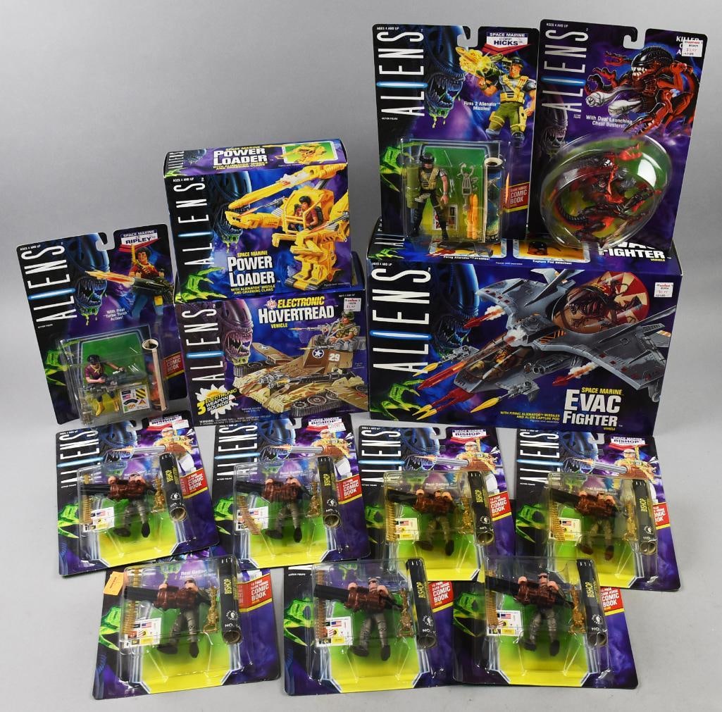 (14) 1992 Kenner Aliens Action Figures, Vehicles-MIP-NOS: (14) 1992 Kenner Aliens Action Figures, Vehicles-MIP-NOS. Includes eight Bishop, one Ripley, Hicks, Killer Crab, Power Loader, Electronic Hovertread, Evac Fighter. Single owner collection from the lar