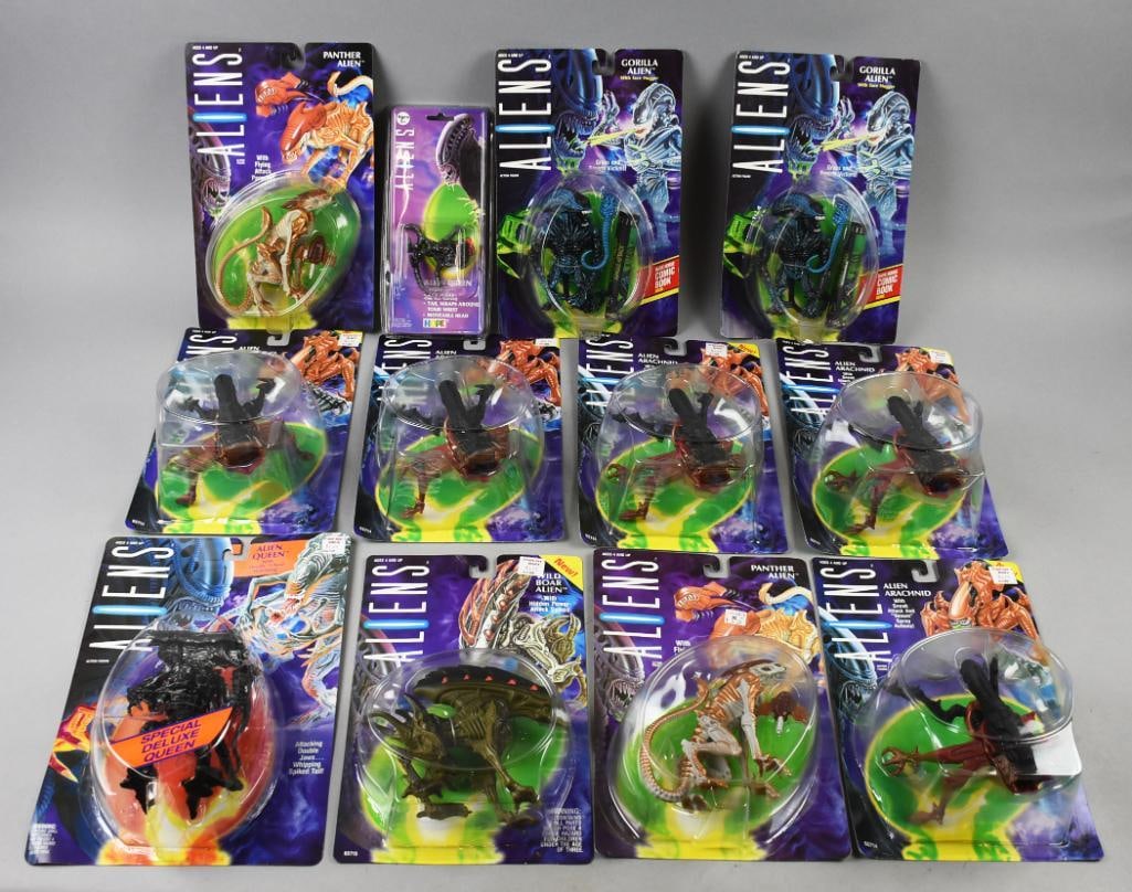 (12) 1992 Kenner Aliens Assorted Action Figures-MOC-NOS: Lot is 12 1992 Kenner Aliens Assorted Action Figures-MOC-NOS. Lot is one each Wild Boar Alien, Crab Alien, Queen Alien; two each Gorilla Alien and Panther Alien; five Alien Arachnid. Single owner coll