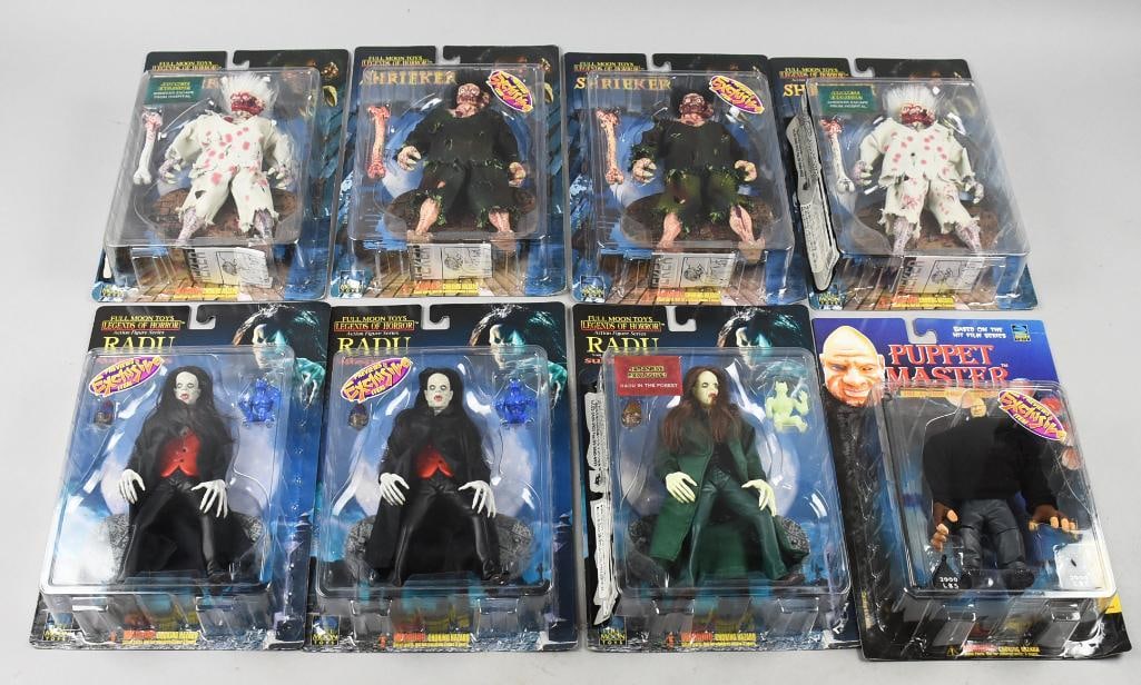 (8) 1998 Full Moon Toys Legends of Horror-MOC-NOS: Lot is eight 1998 Full Moon Toys Legends of Horror-MOC-NOS. Includes Japanese Exclusive, Radu in the Forrest and two Shrieker Escape from the Hospital. Preview Exclusives; Pinhead, and two Shrieker an