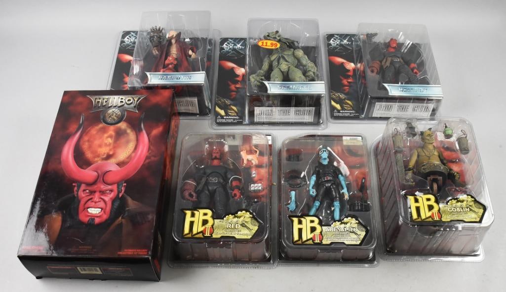 (7) 2004-05 Mezco/Sideshow Hellboy Action Figures-MIP-NOS: Lot is seven 2004-05 Mezco/Sideshow Hellboy Action Figures-MIP-NOS. Includes 2004 Mezco Rasputin, Hellboy in black outfit, Hellboy in red, Goblin and Abe Sapien. One Sideshow Toys from 2005 12" Hellbo