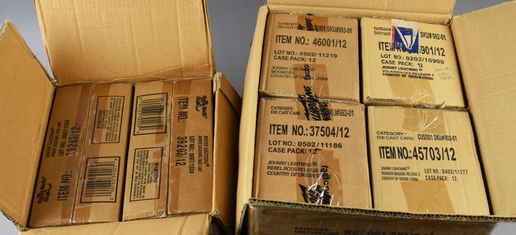(72) Johnny Lightning Assorted Die Cast-Factory Boxes-NOS: Lot is 72 Johnny Lightning Assorted Die Cast-Factory Boxes-NOS. Lot is 12 each Mooney's, Thunderwagons, Rebel Rods and Volkswagen Release 1 and 24 True Grit. Boxes have not been opened or verified. Si