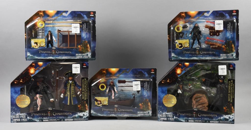 (5) 2011 Pirates of the Carribean Action Figures, MOC-NOS: Lot is five 2011 Jakks Pacific Pirates of the Carribean Action Figures, MOC-NOS/ Includes Angeilica and Black Beard, Jack Sparrow and Capt. Barbossa, Black Beard, Jack Sparrow and Phillip. Single owne