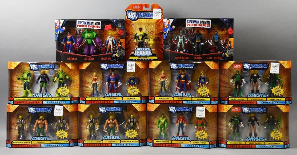 (11) 2008-09 Mattel DC Universe Crisis PLUS Multi Fig Packs-NOS: Lot is 11 2008-09 Mattel DC Universe Crisis PLUS Multi Fig Packs-NOS. Includes eight Crisis, two Superman Batman Public Enemies and a single Justice League. Single owner collection from the largest to