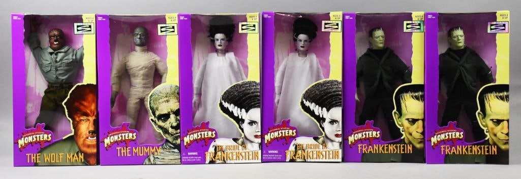 (6) 1998 Kenner Universal Studios Monsters - MIB -NOS: Lot is six 1998 Kenner Universal Studios Monsters - MIB -NOS. Consists of one each, Mummy and Wolfman, two of each Frankenstein and Bride of Frankenstein. Single owner collection from the largest toy 