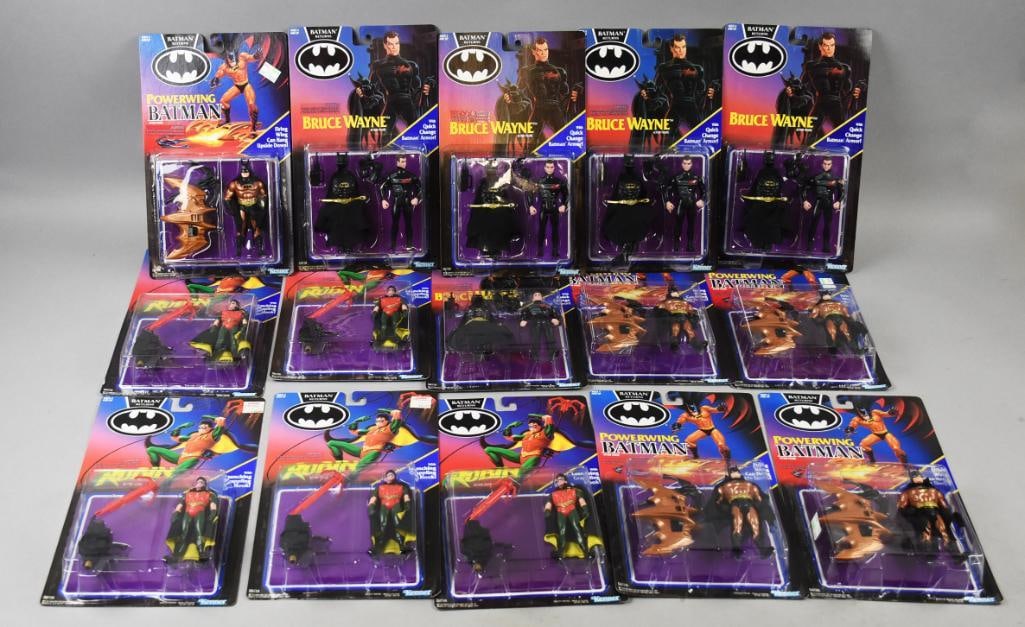 (15) 1991 Kenner Batman Returns Action Figures-MOC-NOS: Lot is 15 1991 Kenner Batman Returns Action Figures-MOC-NOS. Includes five of each: Batman with Power Wing and Robin with Grappling Hook; three Bruce Wayne and two Bruce Wayne with Batman Armor. Singl