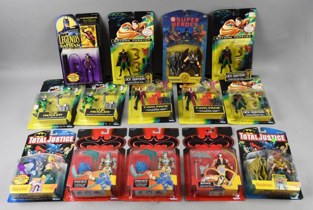 (14) 1994-98 Kenner Batman Returns Action Figures-MOC-NOS: Lot is 14 1994-98 Kenner Batman Returns Action Figures-MOC-NOS. Includes one of each: Hawkman 1996 and Hawkman 1998, Catwoman, Bane and Aquaman. Two of each: Riddler, Two Face and Frostbite and three 