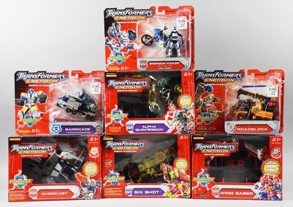 (7) 2004 Hasbro Transformers Energon - Mint on Card - NOS: Lot is seven 2004 Hasbro Transformers Energon - Mint on Card - NOS. Includes Energon Kicker, Barricade, Alpha Quintesson, Roadblock, Wing Saber, Six Shot and Overcast. Single owner collection from the