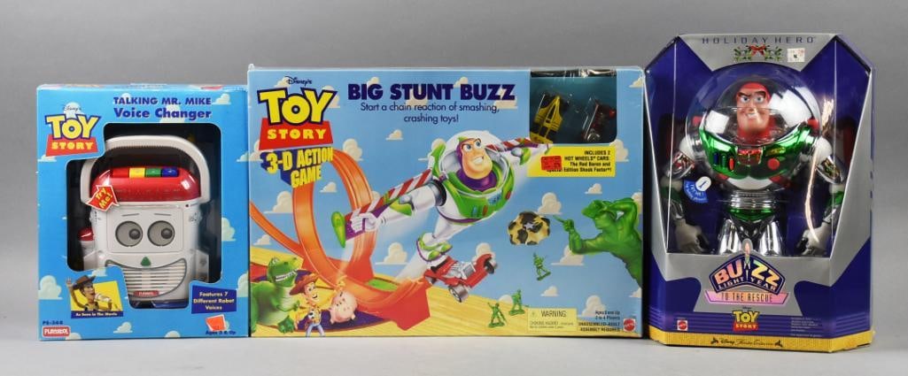(3) 1996. 1998 Toy Story, Buzz Lightyear & Mr. Mike - MIB - NOS: Lot is three 1996. 1998 Toy Story, Buzz Lightyear & Mr. Mike - MIB - NOS. Includes a Talking Mr. Mike, Buzz Lightyear Holiday Hero and Big Stunt Buzz. Single owner collection from the largest toy coll