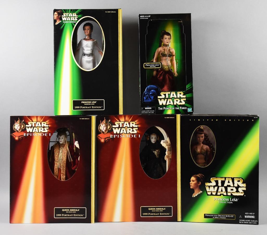 (5) 1998-99 Hasbro Star Wars, Princess Leia & Queen Amidala-MIB: Lot is five 1998-99 Hasbro Star Wars, Princess Leia variants & Queen Amidala-MIB. Single owner collection from the largest toy collector on the West Coast.