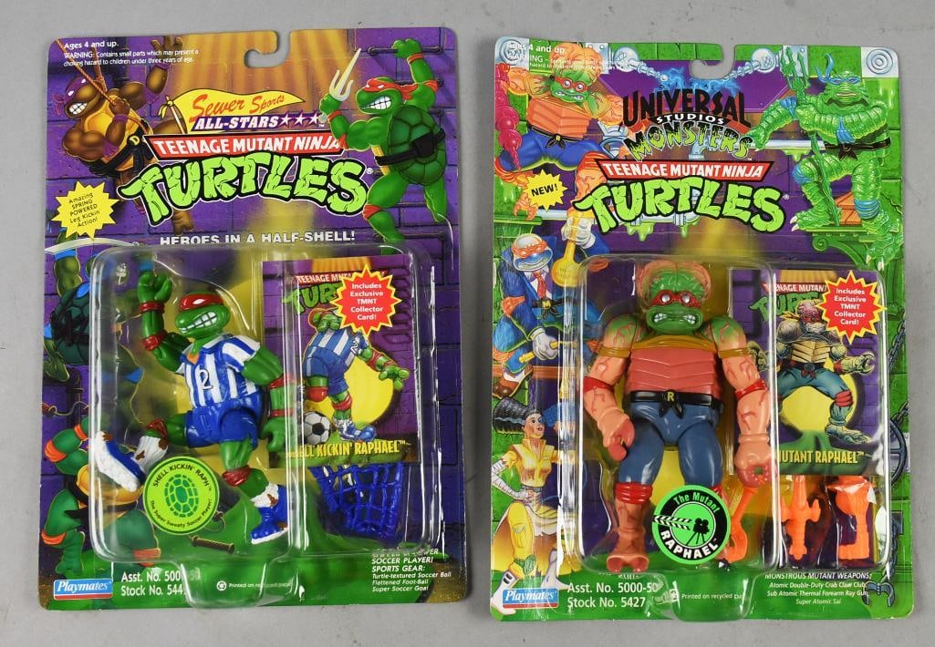 1994 Playmates TMNT All Stars/Monsters-MOC-NOS: Includes Sewer Sports All-Stars Ball Kickin' Raphael and Universal Studios Monsters Mutant Raphael. Single owner collection from the largest toy collector on the West Coast.