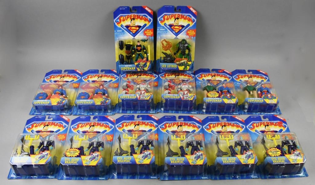 (14) 1996 Kenner Superman Animated Action Figs-MOC-NOS: Lot is 14 1996 Kenner Superman Animated Action Figs-MOC-NOS, Consists of one of each: Lex Luther and Deep Dive Superman; two of each: Superman Capture Net, Quick Change Superman and Neutron Star Super
