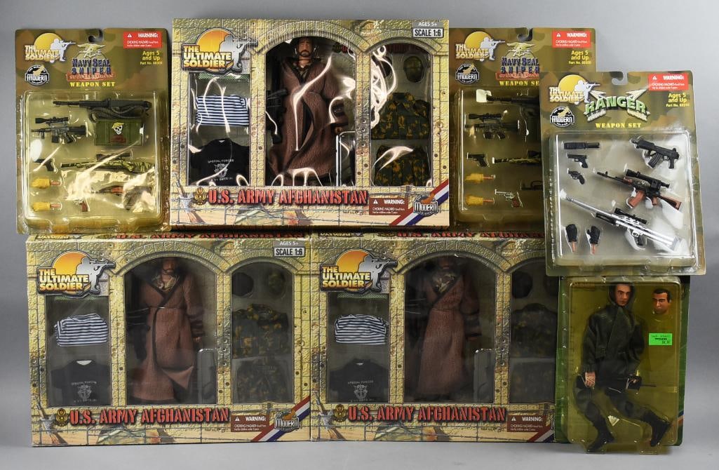 (7) Ultimate Soldier Action Figs, Uniform & Accessories-NOS: Lot is seven Ultimate Soldier Action Figs, Uniform & Accessories-NOS. Consists of three US Army Afghanistan action figures, two Navy Seals Sniper weapons set, Ranger weapon set and Night Operation Rec